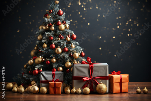 Ai Generative Background of christmas tree and red gift box on a christmas empty background with copy space