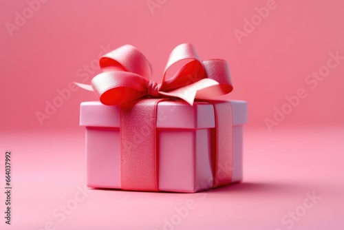 Red present gift box with space for greeting text on pink background. AI Generated © dark_blade