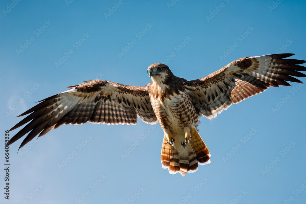 Fototapeta premium A red-tailed hawk soaring through the skies, its piercing eyes scanning for prey.