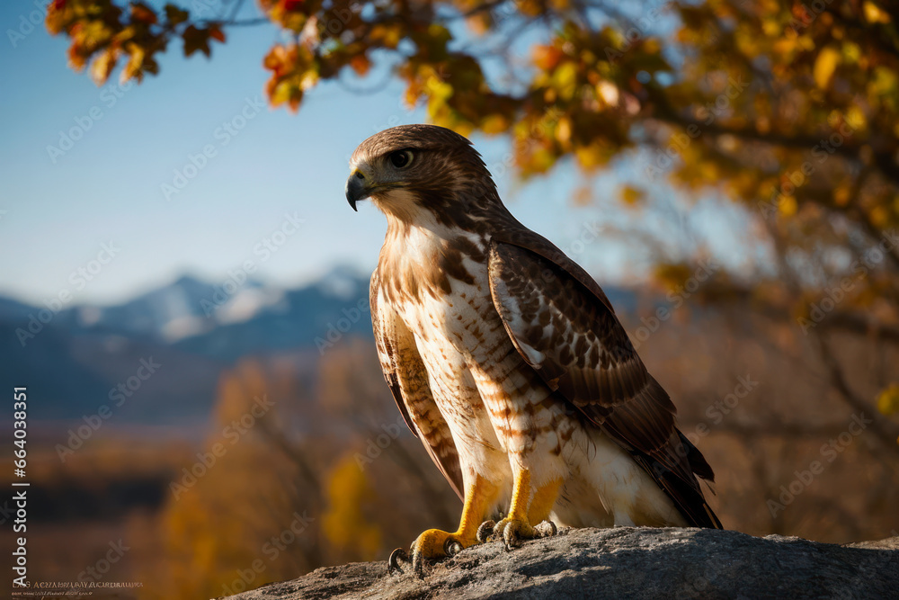 Fototapeta premium A red-tailed hawk soaring through the skies, its piercing eyes scanning for prey.