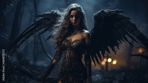 beleza com asas negras no halloween na noite de lua cheia no cemitério