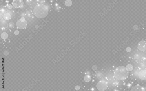 Dust sparks and stars shine with a special light. Christmas light effect. Glittering particles of magic dust.Vector sparkles on a transparent background.