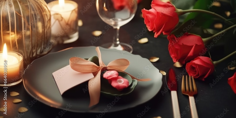 Table setting for romantic dinner in restaurant. AI Generated Table setting for romantic dinner in restaurant. AI Generated