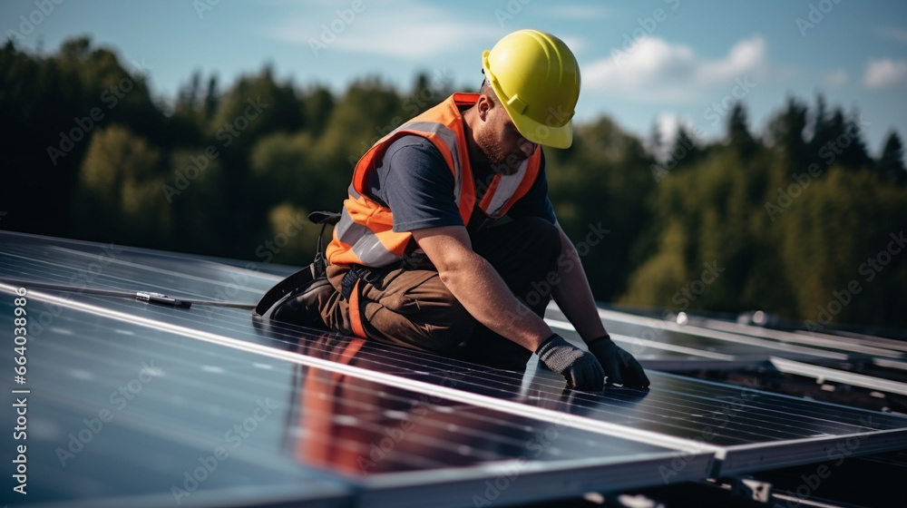 A worker installs solar panels, alternative energy sources. A worker installs solar panels, alternative energy sources.