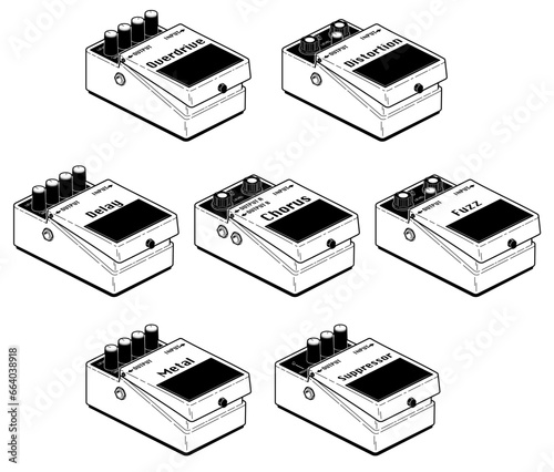 Technical line drawing of a set of guitar effects pedals.