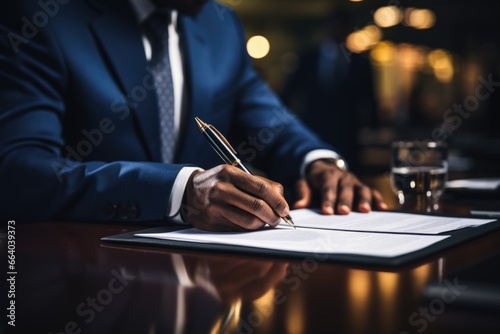 African american businessman confidently signing a business contract.