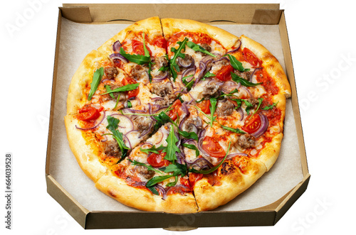 ready baked pizza in a cardboard box, isolated on a white background