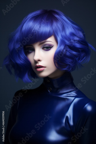 Editorial Style Portrait - A beautiful female model with blue high fashion couture.