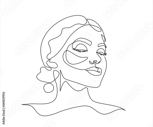 Hand drawn one line vector. One line face. Continuous linear sketch woman face. Female portrait black white artwork outline vector hand drawn illustration. Modern art girl head for beauty salon logo