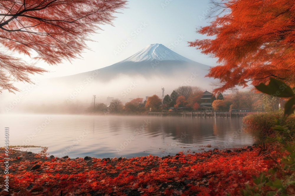 Vibrant autumn, Mt. Fuji, fog, red leaves, Lake Kawaguchiko - a top spot in Japan. Generative AI