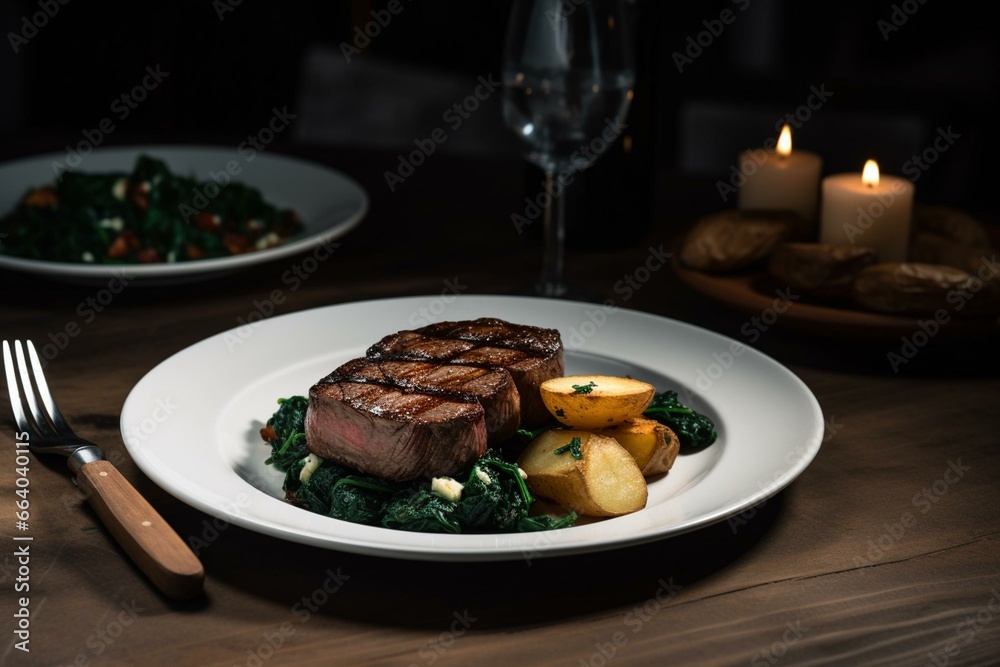 A meal consisting of steak, potatoes, and spinach served on a white plate with a black rim, accompanied by a fork and knife. Generative AI