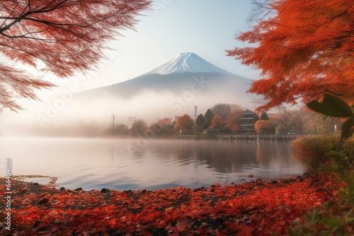 Vibrant autumn, Mt. Fuji, fog, red leaves, Lake Kawaguchiko - a top spot in Japan. Generative AI