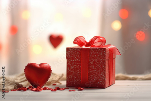 Red present gift box with space for greeting text on light background. AI Generated