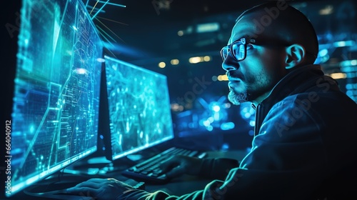 A male trader at work on a computer with a multi-monitor workstation with various charts and digital data. Operational data analysis. Design for banner, flyer, poster, cover or brochure. © Login