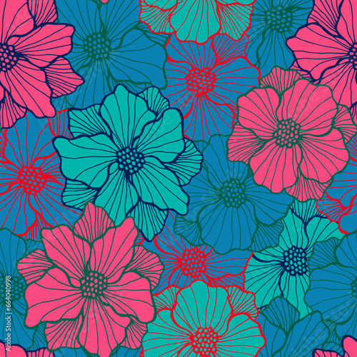 Cute chrysanthemum flower seamless pattern. Organic bouquet background. Poppy...