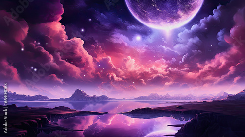 illustration of a calm lake and a purple sky with a moon  spiritual background