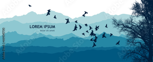 Fototapeta Naklejka Na Ścianę i Meble -  Silhouette of birds flying over blue mountains - Beautiful landscape with blue misty silhouettes of mountains . hand drawing. Not AI, Illustrat3. Vector illustration