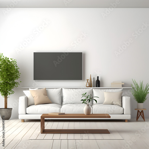 Idea of a white scandinavian living room interior with sofa, dresser, vases on the wooden floor and poster on the large wall and white landscape in window