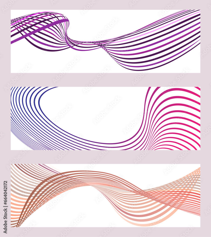Wavy lines or ribbons. Set of 3 backgrounds. Multicolored striped gradient. Creative unusual background with abstract gradient wave lines to create a trendy banner, poster. vector eps Wavy lines or ribbons. Set of 3 backgrounds. Multicolored striped gradient. Creative unusual background with abstract gradient wave lines to create a trendy banner, poster. vector eps