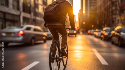 Close up of sporty cyclist in activewear using black bike for morning training outdoors. Caucasian sportsman spending free time for cycling on city street © Hasanka