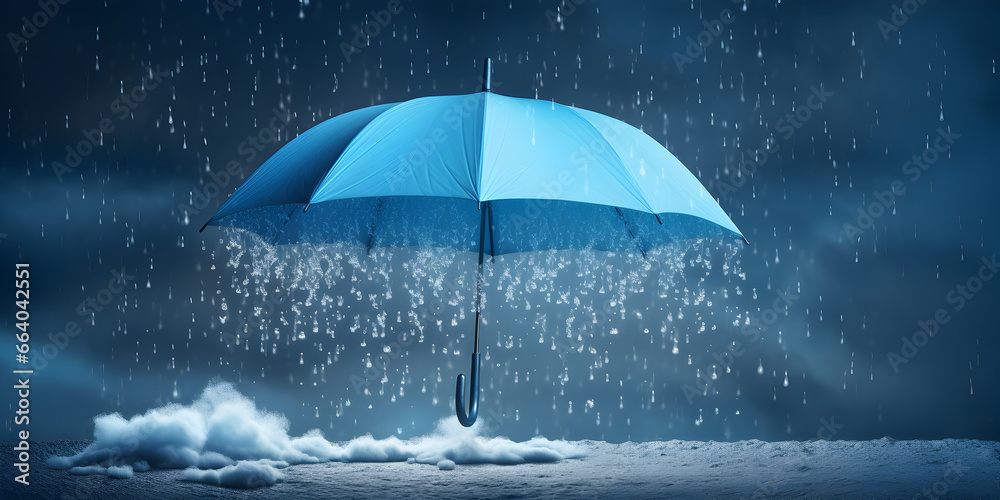 Blue umbrella in heavy rain against a cloudy sky Generative Ai