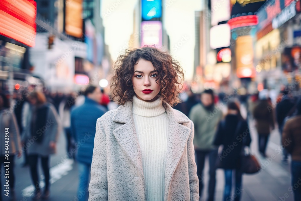 A young and beautiful model, with a pale face, posing serenely among the crowd of people in a big city.