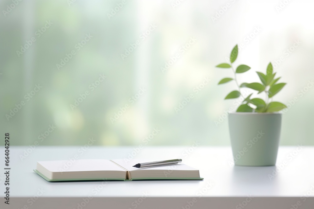 Detail of a minimalist desk, with a notebook for notes, and a simple style. Detail of a minimalist desk, with a notebook for notes, and a simple style.