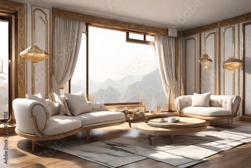  luxury sofa's of wodden art, C-SHAPE, white background, land scape out the window, lighting mood