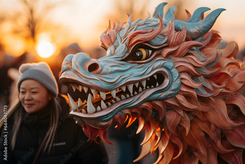Naklejka premium Close up of dragon head statue at Chinese New Year parade on the streets ai generated art