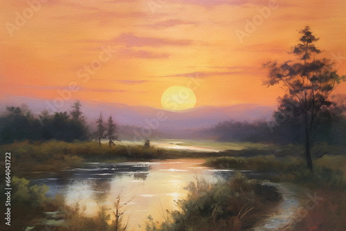 Vintage Sunset Splendor  Original Framed Landscape Oil Painting