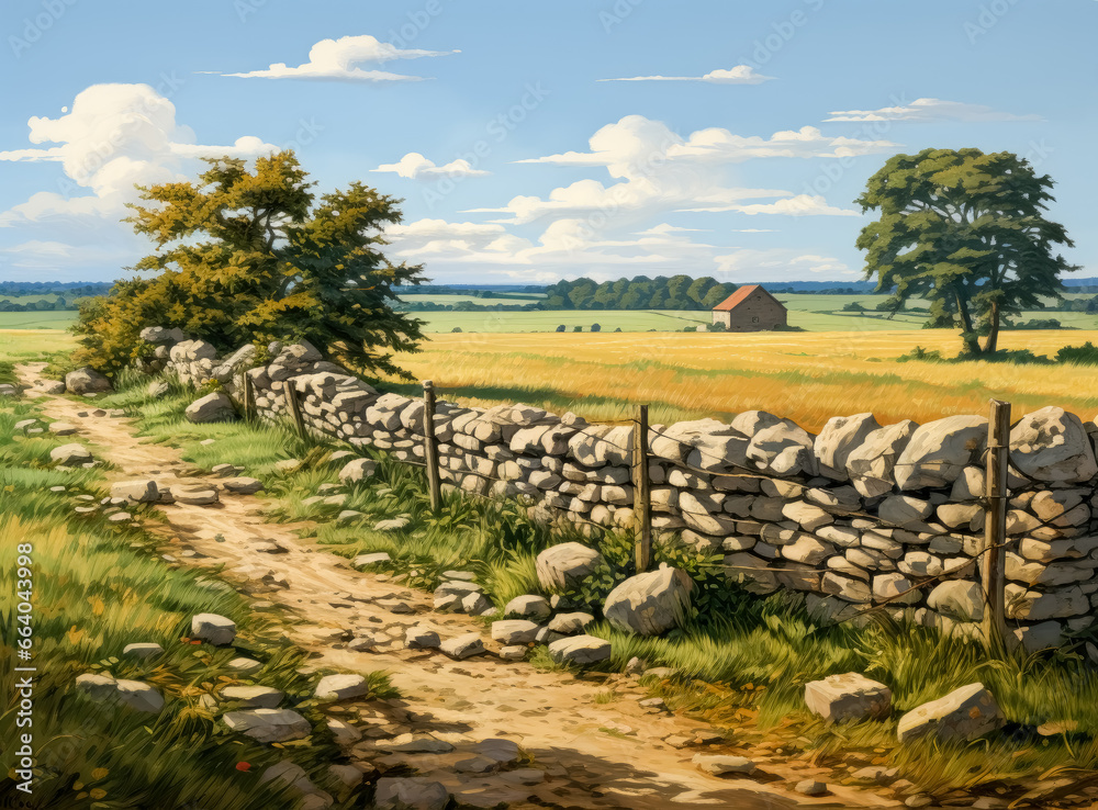 Stone wall next to grassy field in Scottish countryside, Dutch landscape. Stone wall next to grassy field in Scottish countryside, Dutch landscape.