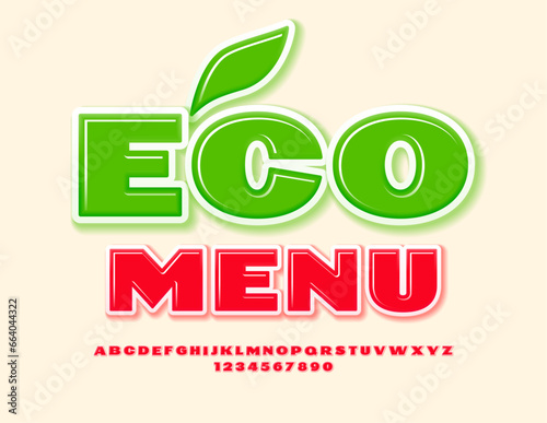 Vector bright concept Eco Menu. Creative Red Font. Modern Alphabet Letters and Numbers set. 