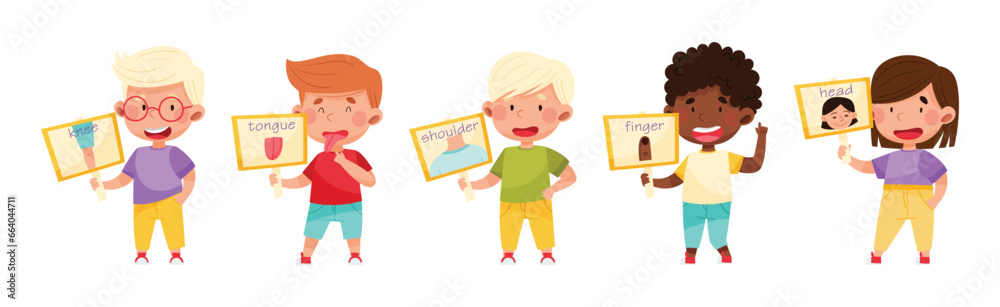 Cute Boy and Girl Character Holding Card with Body Part Picture Vector Set Cute Boy and Girl Character Holding Card with Body Part Picture Vector Set