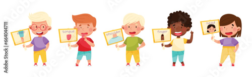 Cute Boy and Girl Character Holding Card with Body Part Picture Vector Set