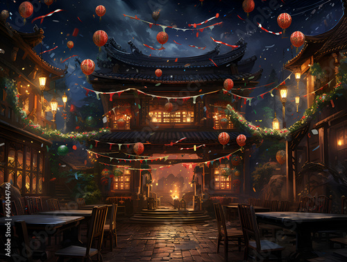 Colorful illustration of china house at new years eve, abstract background 