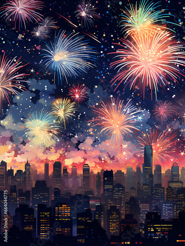 Illustration of a colorful firework in a city at night