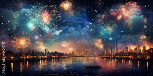 Illustration of a colorful firework in a city at night © TatjanaMeininger