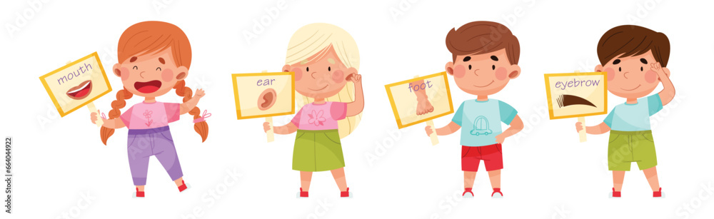 Cute Boy and Girl Character Holding Card with Body Part Picture Vector Set Cute Boy and Girl Character Holding Card with Body Part Picture Vector Set