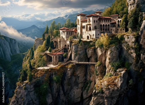 Medieval Georgian monastery on a rocky cliff, on the mountain top renaissance-inspired, rounded, rustic scenes, photo, 15th century.