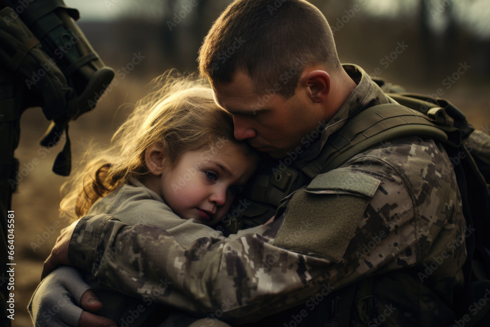 Army soldier embracing his daughter. Military family reunion. Waiting for relative from war Army soldier embracing his daughter. Military family reunion. Waiting for relative from war