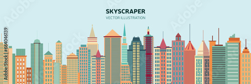 Horizontal long banner with skyscrapers. Business banner with skyscraper. Vector illustration.
