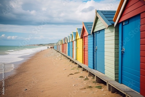 Artwork depicting colorful beach huts by the sea. Generative AI