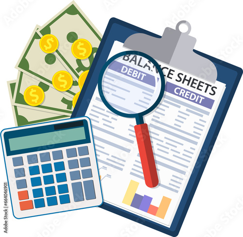Clipboard with balance sheet and magnifying glass photo