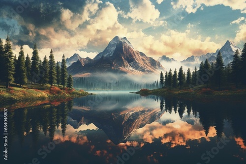 Mountainous landscape mirrored in lake. Generative AI
