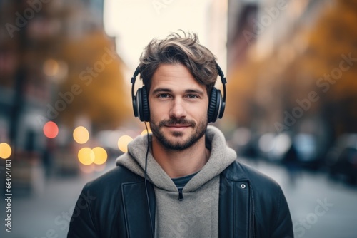 Guy with headphones on the street listening music, blurred city background. Music lover generated by AI