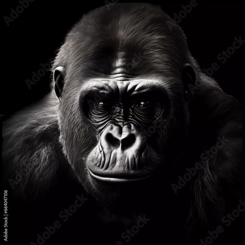 portrait of a gorilla in black and white with black background © Johannes
