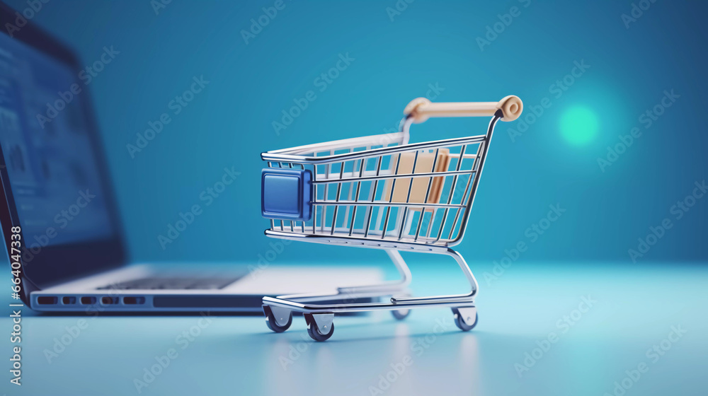 shopping cart and laptop, soft blue background, online stores concept 3d