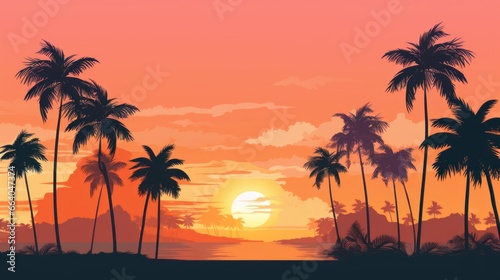 Graphical minimal design of a vibrant sunset scene with palms and sunset