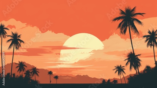 Graphical minimal design of a vibrant sunset scene with palms and sunset