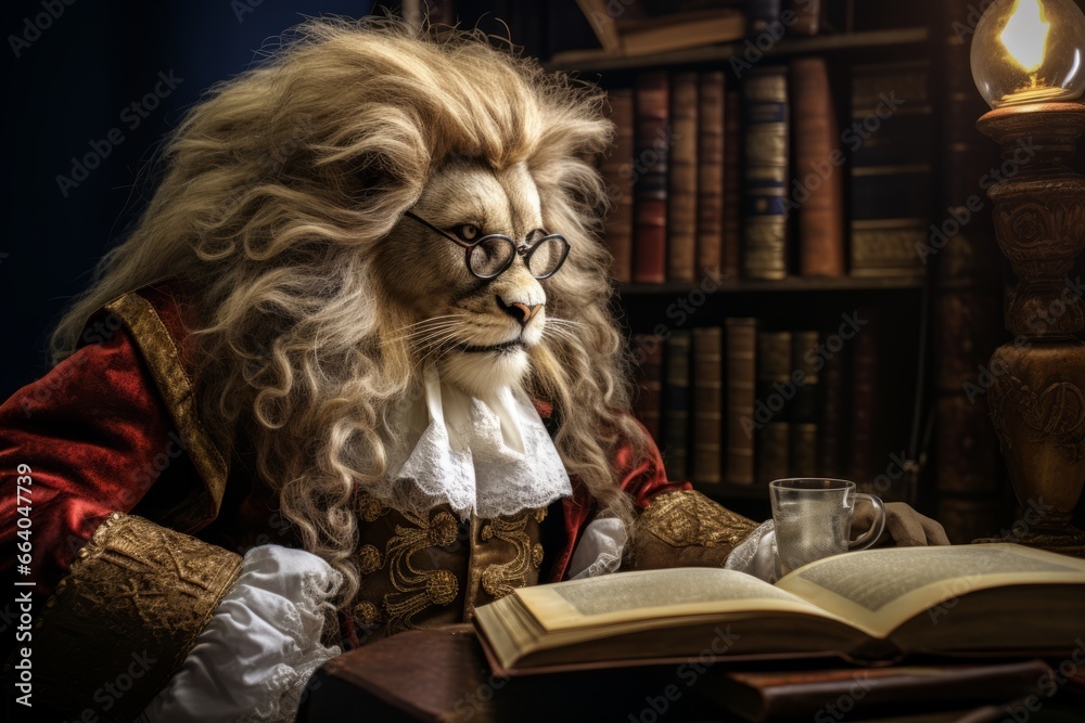 Lion with glasses is sitting and reading the book